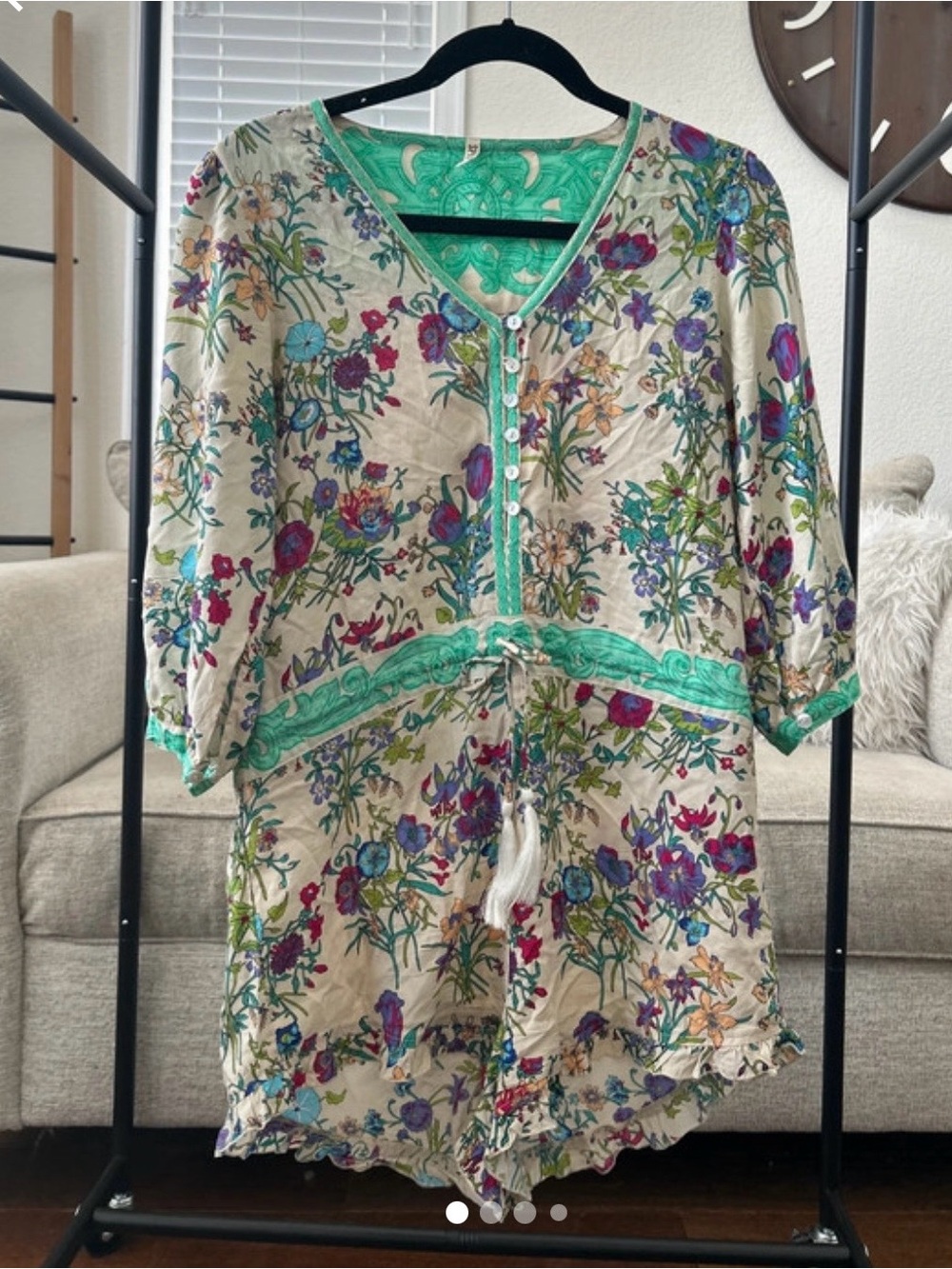 Spell Floral Tunic in Beige with Green Trim and Multicolor Floral Print